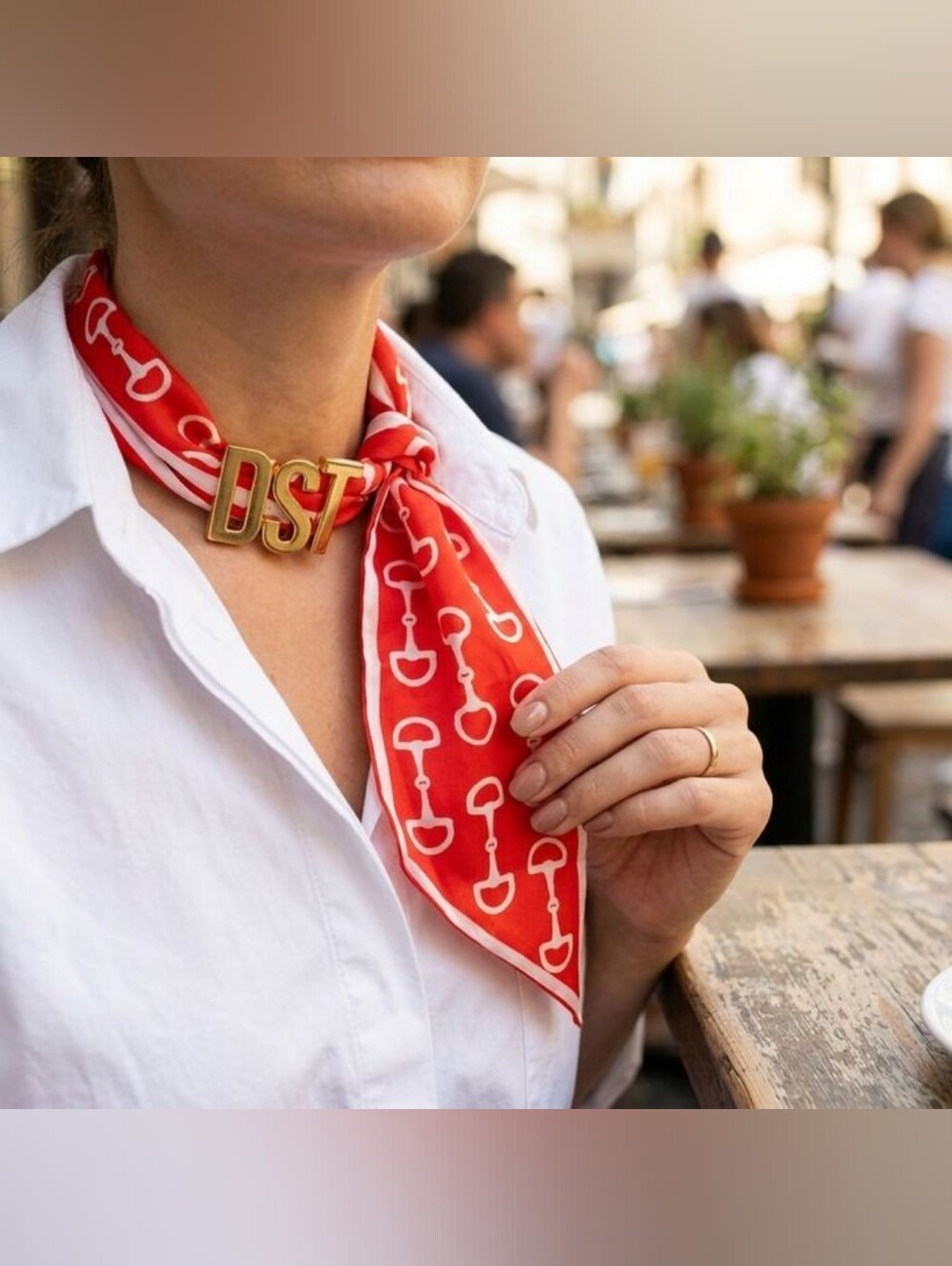 DST Gold Letter Red White Horsebit Scarf Necklace